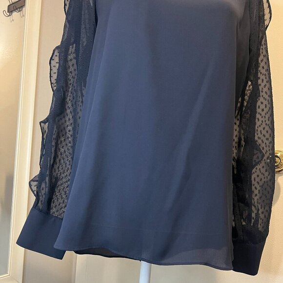 Express Navy Sheer Ruffled Polka Dot Sleeve Blouse, Size Medium - Picture 5 of 16